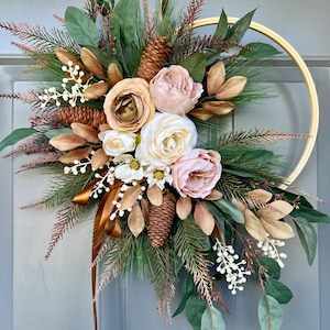 Fall in Love Autumn Hoop Wreath | Elegant Fall Floral Door Decor | Pinecone & Blush Rose Wreath | Neutral Fall Wreath for Front Door