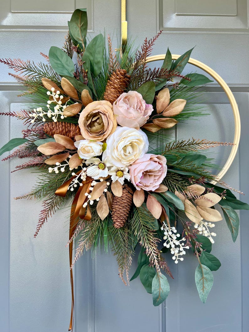 Fall in Love Autumn Hoop Wreath | Elegant Fall Floral Door Decor | Pinecone & Blush Rose Wreath | Neutral Fall Wreath for Front Door image 1