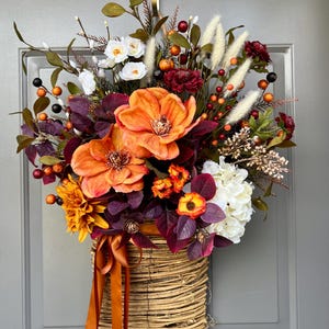 Large Fall Door Basket with Orange Magnolia, Burgundy Leaves & Cream Hydrangea – Autumn Front Door Décor
