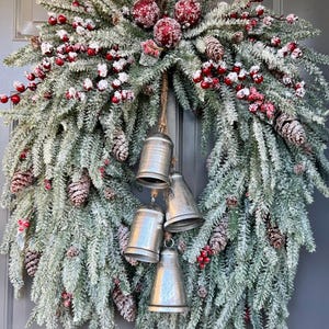 Flocked Pine Wreath: Silver Bells, Berries, Pinecones Winter Decor