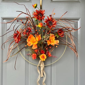 Fall Hoop Wreath with Sunflowers & Wild Grasses – Handmade Autumn Floral Wreath on Gold Metal Hoop – Boho Fall Door Decor