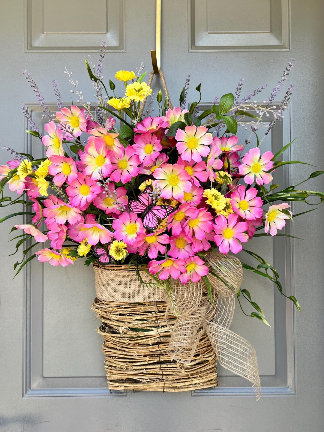 Spring Basket of Pink and Yellow Flowers for Your Front Door. Perfect ...