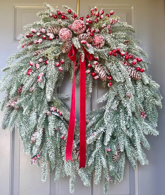 Christmas Wreath Flocked Pine Winter Wreath, Frosted Berries & Pinecones