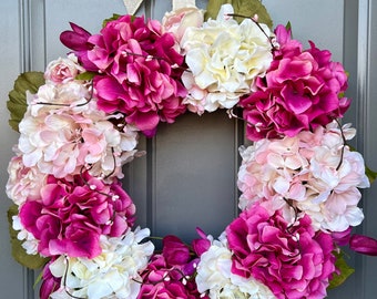 Hydrangea wreath, pink and cream hydrangeas, large hydrangea wreath, Hydrangea Door Wreath