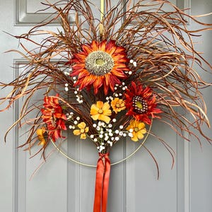 Fall Hoop Wreath with Sunflowers & Wild Grasses – Handmade Autumn Floral Wreath on Gold Metal Hoop – Boho Fall Door Decor