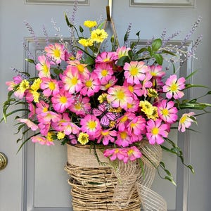Spring Basket of Pink and Yellow Flowers for Your Front Door. Perfect ...