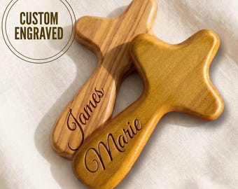 Personalized Olive Wood Palm Cross – Custom Engraved Prayer Comfort Item