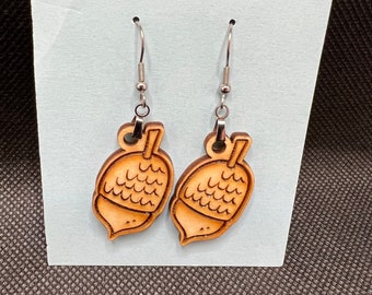 Wooden Engraved Dangle Acorn Earrings