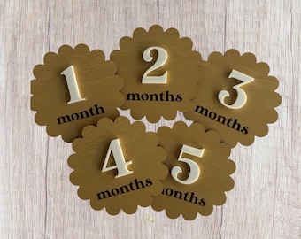 Scalloped Wooden Baby Milestone Discs – Laser Engraved Acrylic Accents, First Year Photo Props