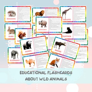 Educatieve flashcards wilde dieren, afdrukbare spellen met wilde dieren voor kinderen, studiedieren Flashcards Activiteiten met interessante feiten