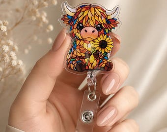 Highland Cow Badge Reel, Sunflower Badge Holder, Farm Animal ID Badge Clip, Cute Nurse Badge Reel, Country Gift for Healthcare Workers
