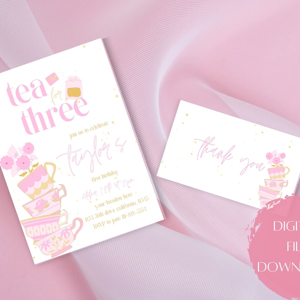 Tea for three - Third birthday party invitation template