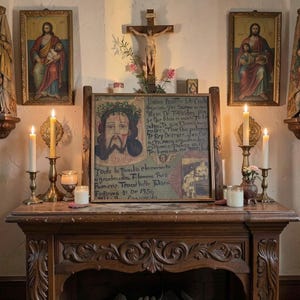 Op de afbeelding: Een houten altaar met een centraal ingelijst schilderij van een gezicht met een doornenkroon, geflankeerd door twee religieuze portretten. Een crucifix staat boven het centrale schilderij, omringd door brandende kaarsen in koperen houders.