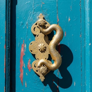 May include: Close-up of a vintage brass door knocker on a weathered teal door. The knocker has an ornate design with floral accents and a curved handle. The door's paint is chipped, revealing red layers beneath.