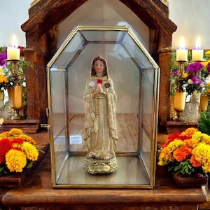 Rosa Mistica-staty i glas, Nicho-helgedom, Jungfru Maria, handgjord mexikansk folkkonst, altardekor