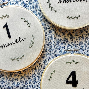 以下が含まれることがあります： 黒い数字と「月」の刺繍が施された白い刺繍枠が3つあります。数字は1、2、4です。刺繍枠は青と白の花柄の布の上に置かれています。