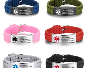 Waterproof Sport Medical Alert Bracelet, Silicone Medical Bracelet, Adjustable ID Bracelet, Health Emergency Bracelet for Men & Women