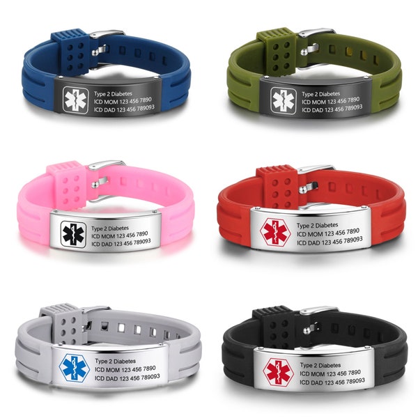 Waterproof Sport Medical Alert Bracelet, Silicone Medical Bracelet, Adjustable ID Bracelet, Health Emergency Bracelet for Men & Women