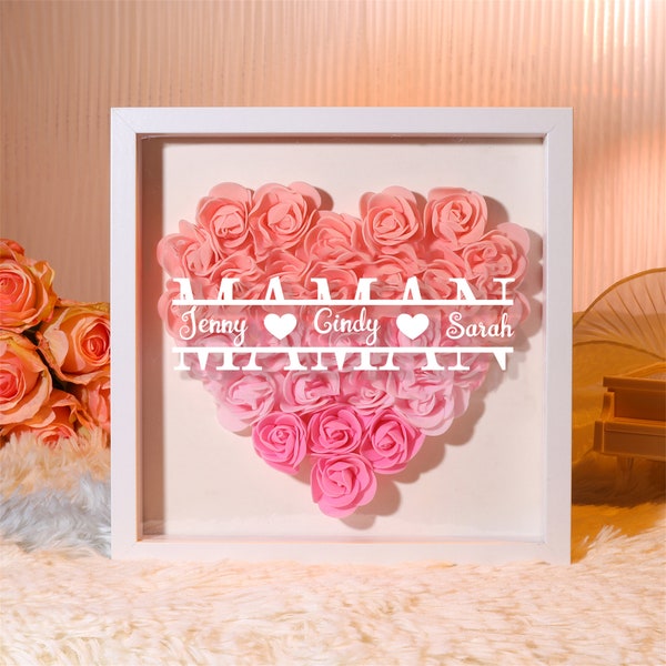 Personalized Mom Heart Flower Shadow Box, Personalized Mom Gift, Rose Frame Box with Names, Frame Gift, Mother's Day Gift for Grandma