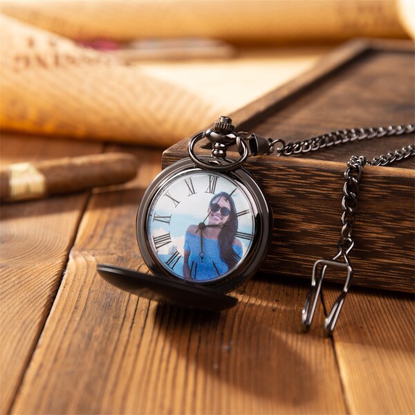 Montre de poche avec photo souvenir Montre photo avec mémoire de forme, personnalisable avec photos et texte, cadeau de mariage, montre à pendentif à breloques pour homme