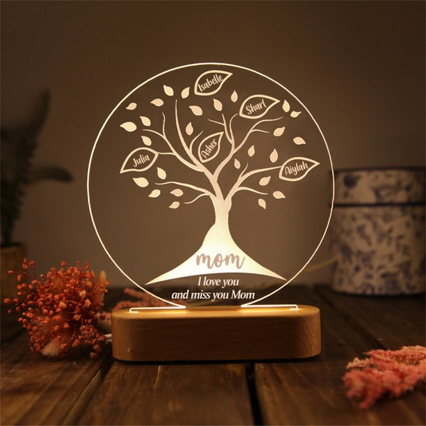 Veilleuse personnalisée pour arbre généalogique, lampe LED acrylique, noms d'arbre généalogique personnalisés, lampe de bureau, cadeau de décoration de maison pour maman et grands-parents