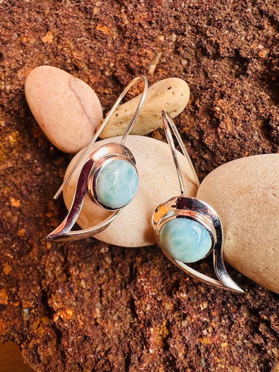 Handmade Larimar Earrings: 925 Sterling Silver, Modern Minimalist