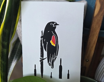 Blackbird Linocut Print | Bird Linocut | American Wildlife | Red-Winged Blackbird Art | Bird Print | Wildlife Linocut | 5"x7"