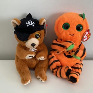 May include: Two plush toys, a brown bear wearing a black pirate hat with a skull and crossbones, and an orange pumpkin with black stripes and green leaves. Both toys have large, googly eyes.