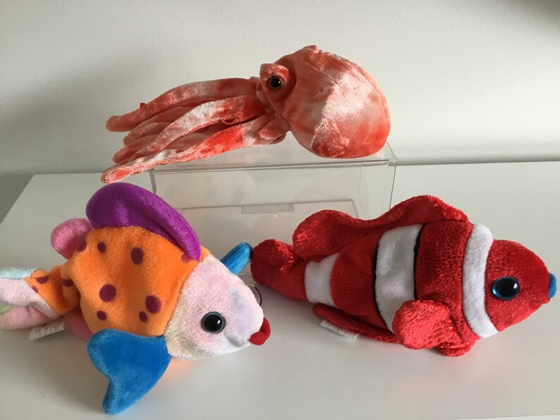 Ty Bargain 1/2 Price Beanie Baby jester, Lips and Wiggly the Fish and