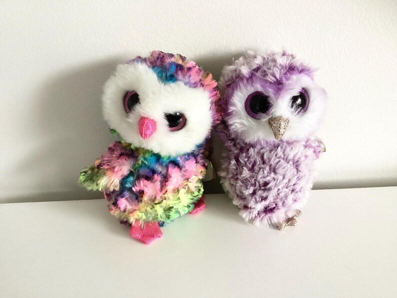 Ty Beanie Boo moonlight and Owen the Purple and Multicoloured Owls6inexcellent Conditionsmall