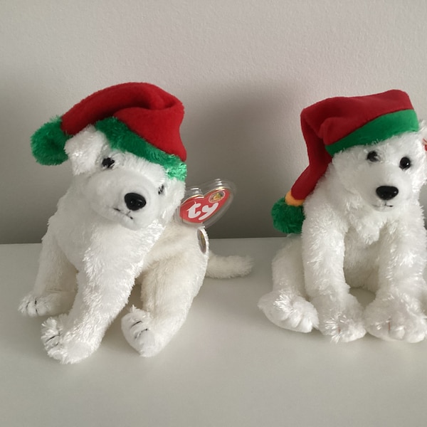 Ty Christmas ‘Snowdrift and Tinsel’ the white beanie Bear and BBOM Dog..(6in)….Excellent Condition and Hang Tags…