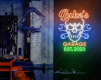 Custom Name Garage Neon Sign, Personalized garage sign for men, Garage led sign,Skull custom neon sign,Garage sign for men,Garage wall decor