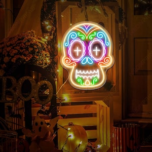 Sugar Skull Mexican Neon Sign, Skull Bar Led Sign, Skull Beer Club Led Sign, Calavera Wall Decor, Skull Mexican Decor, Halloween Decor