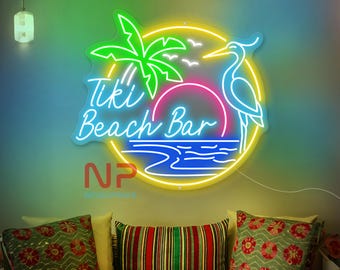 Tiki Beach Bar Neon Sign Parrot And Palm Tree Neon Sign Paradise LED Sign Summer Beach Outdoor Pool Bar Sign Custom Summer Sign Decor