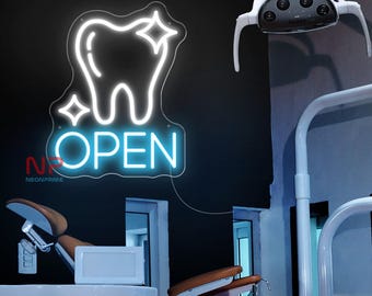 Dental Open LED Neon Sìgn, Zahndekorwand für Zahnarztpraxis, Zahnarzt-Neonlicht, Denim-Dekorwand, Geschäft-LED-Zeichen, Zahn-Neonzeichen