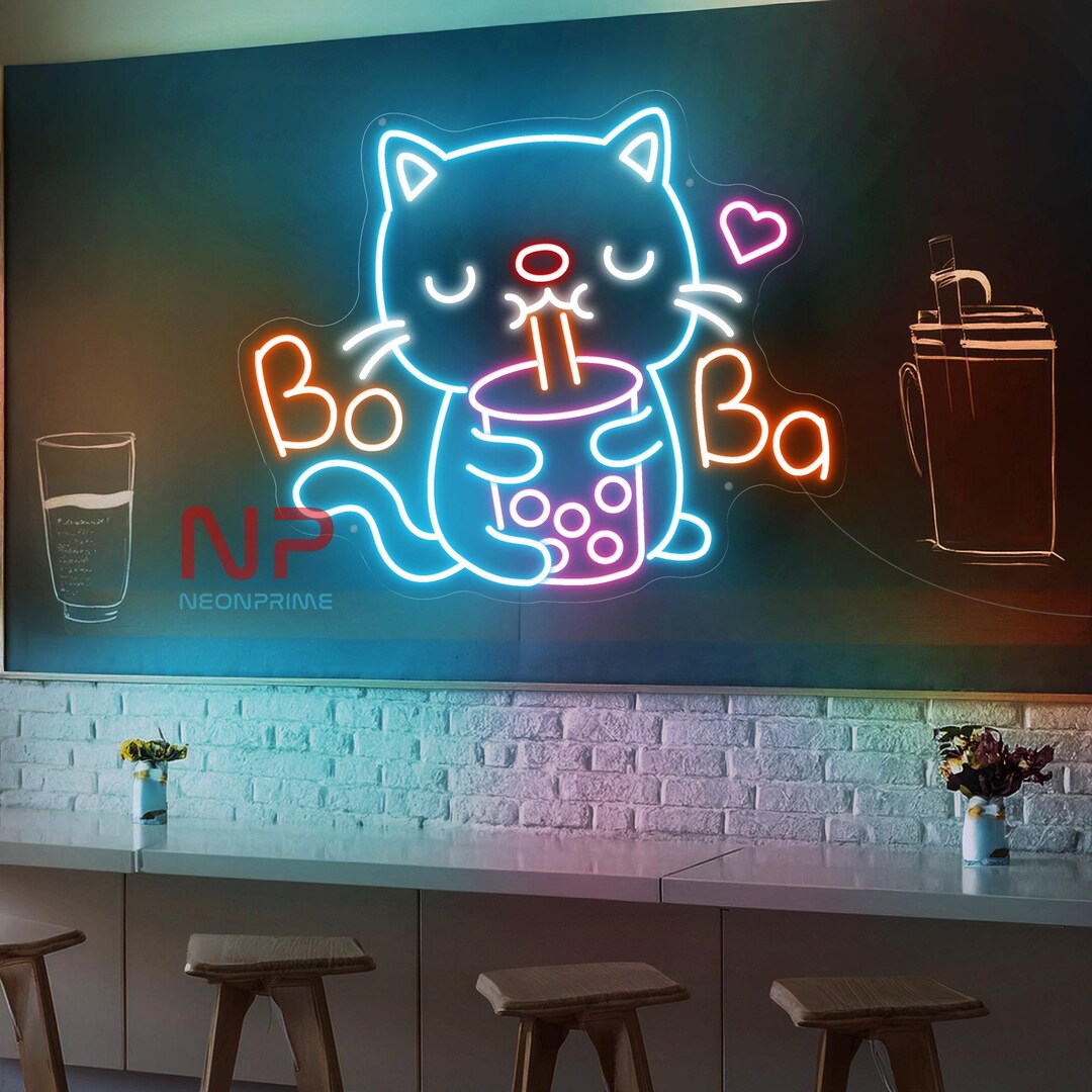 Boba Tea Cat Neon Sign, Boba Tea Shop Decor, Boba Tea Lights, Boba Tea ...