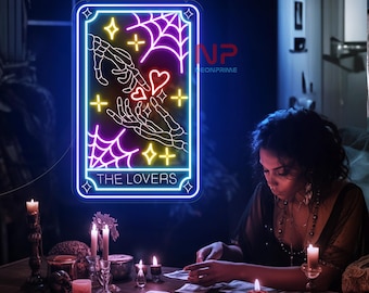 The Lover Skull Card Neon Sign, Astrology Tarot Sign, Tarot Cards Reading, Psychic Tarot Light, Tarot Led Sign, Fortune Teller Sign