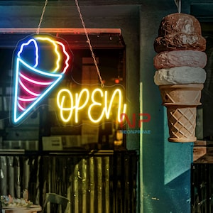 Ice Cream Open Neon Sign Ice Cream Led Logo Sign Open Neon Sign Custom Neon Sign Restaurant Open Led Neon Light Wall Decor Business LED Sign