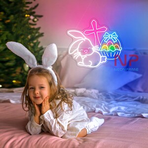 Letrero de neón de conejito de Pascua, decoración de pared de huevos de conejo, regalo de Pascua, decoración del hogar de Pascua