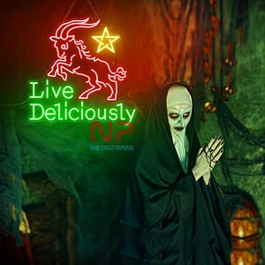 Live Deliciously Neon Sign, Gothic Decor Wall, Ghost Neon Sign, Baphomet Neon Sign, Black Goat Neon Sign, Live Deliciously Decor Sign
