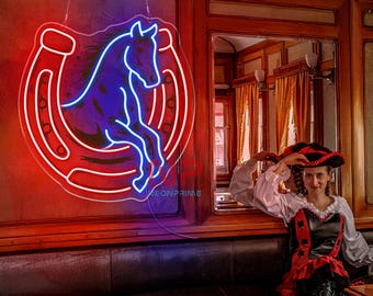 Horse Horseshoes LED Neon Sign, Equestrian Wall Decor, Horse Lover Gift, Western Home Decor, Rustic Ranch Light, Stable Bar Decor