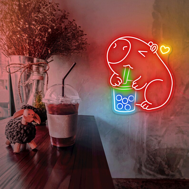 But First Boba Tea Sign, Cappy Neon Light, Cute Capybara Neon Sign ...