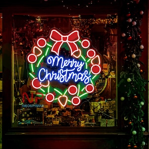 Merry Christmas Wreath Neon Sign, Christmas Ornament Neon Sign, Custom Christmas Sign, Holiday SIgn, Ornament Shop Decor, Christmas Gift