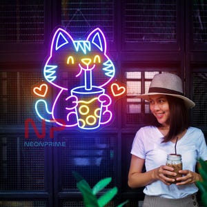 Boba Tea Cat Neon Sign, Custom Neon Sign, Boba Tea Shop Sign, Boba Tea Lights, Boba Tea Wall Decor, Bubble Tea Neon Sign,  Opening Gift