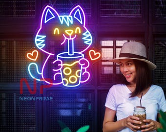 Boba Tea Cat Neon Sign, Custom Neon Sign, Boba Tea Shop Sign, Boba Tea Lights, Boba Tea Wall Decor, Bubble Tea Neon Sign,  Opening Gift