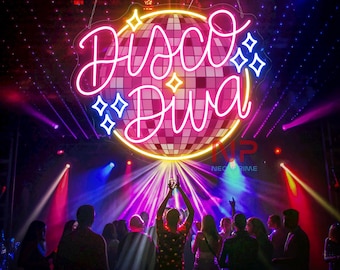 Insegna al neon Disco Diva, insegna per feste in discoteca, insegna con palla da discoteca retrò, decorazioni per feste in discoteca, arte con palla da discoteca, decorazioni con palla da discoteca per feste, regalo personalizzato