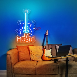 Live Music Guitar Neon Sign, Guitar Neon Sign, Guitar Decor Wall, Music Room Decor, Bar Neon sign, Music Studio Decor, Guitar Player Gift