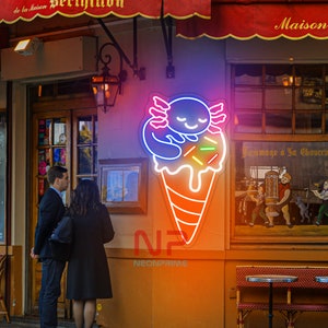 Axolotl Ice Cream Neon Sign Cute Axolotl Neon Light Hologram LED Light Ice Cream Cone Led Sign Ice Cream Store Decor Axolotl Gelato Sign