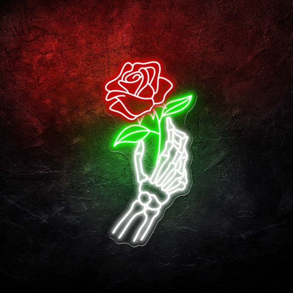 Skeleton Holding Rose Sign, Rose Flower Sign,Custom Neon Sign,Hands Death Neon Light,Skull Rose Led Neon, Sign for Room, Wall Art Decor