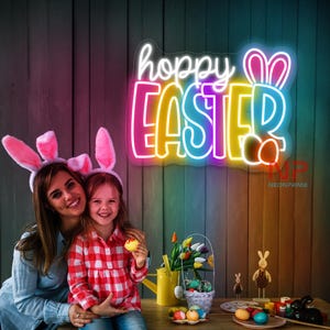 Letrero de neón de Feliz Pascua, decoración de Pascua, letrero de huevos de conejo, decoración de pared, letrero de huevos de Pascua de conejo, regalo personalizado, regalo de Feliz Pascua, decoración del hogar de Pascua